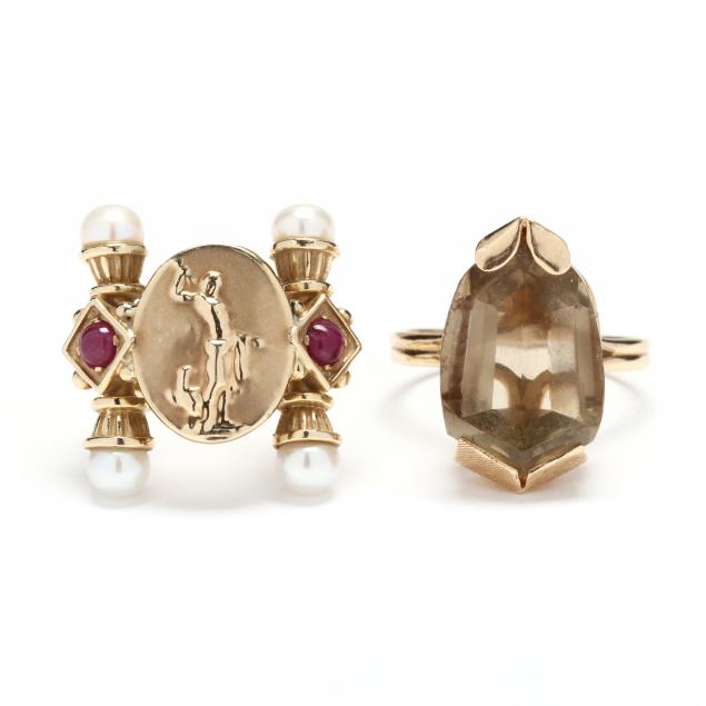 TWO GOLD AND GEM-SET RINGS To include: