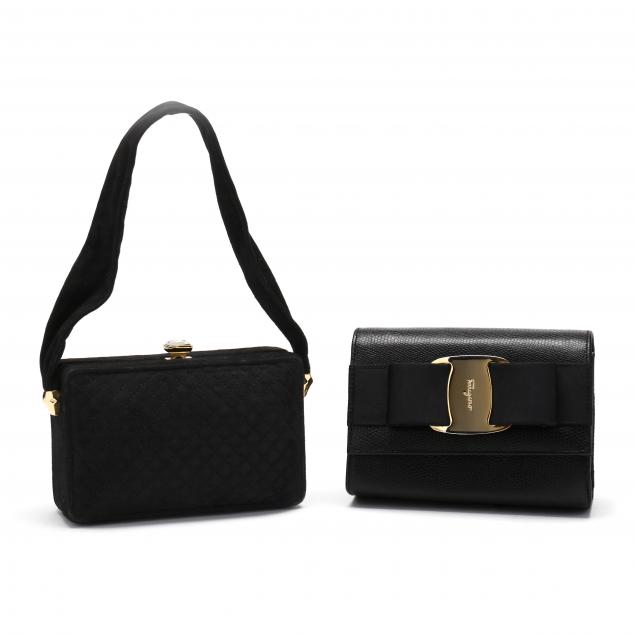 TWO EVENING BAGS, A BLACK SUEDE