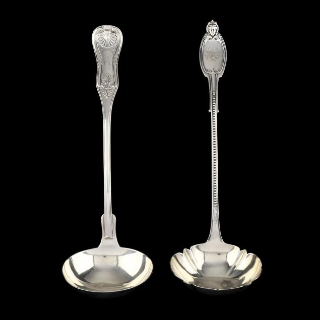 TWO NEW YORK COIN SILVER SOUP LADLES 3471e2