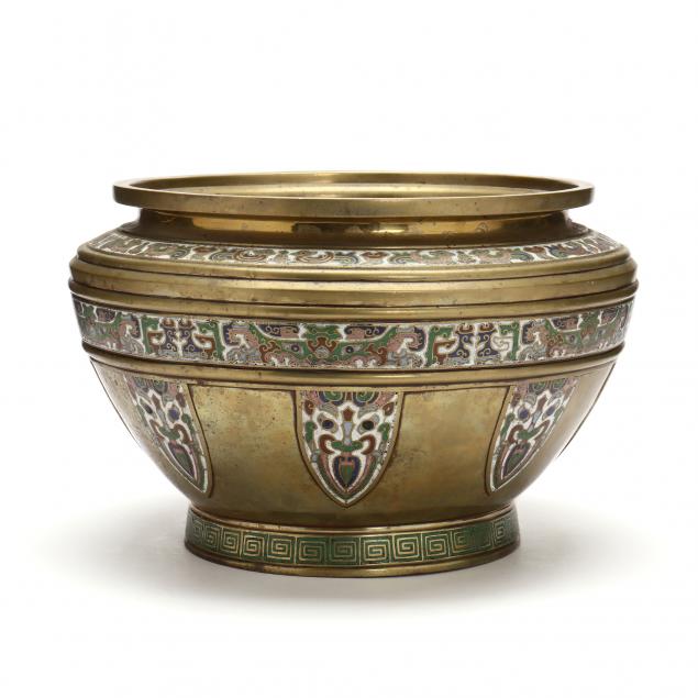 A LARGE ASIAN BRASS CHAMPLEVE JARDINIERE