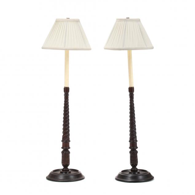 A PAIR OF OAK BARLEY TWIST TABLE LAMPS