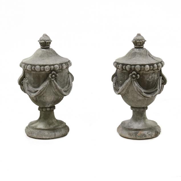 PAIR OF CAST STONE LIDDED URNS 34734d