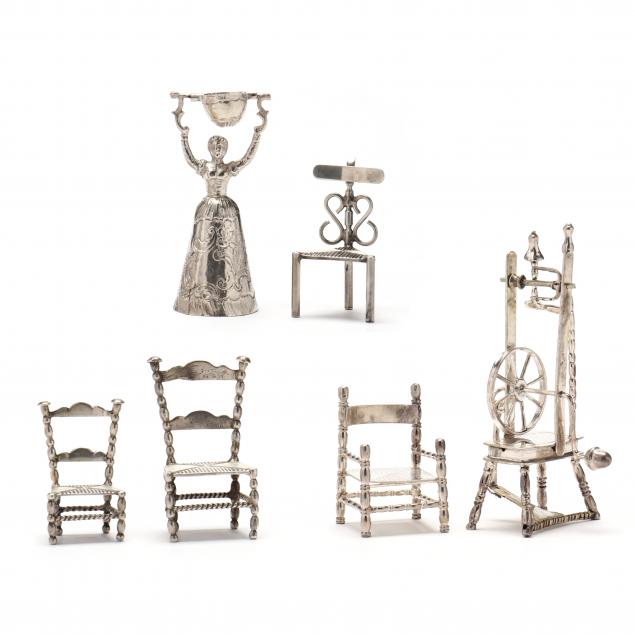 SIX SILVER MINIATURE MODELS OF DOLLHOUSE