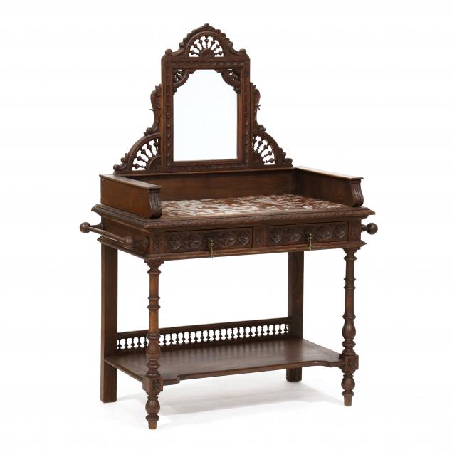 FRENCH CARVED OAK AND MARBLE TOP