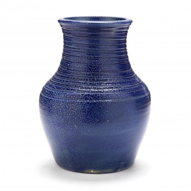 SALT GLAZED COBALT TALL VASE ATTRIBUTED