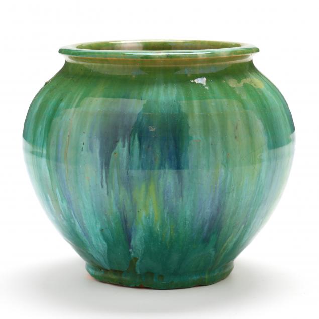 OVOID LOW VASE, STAMPED RAINBOW POTTERY