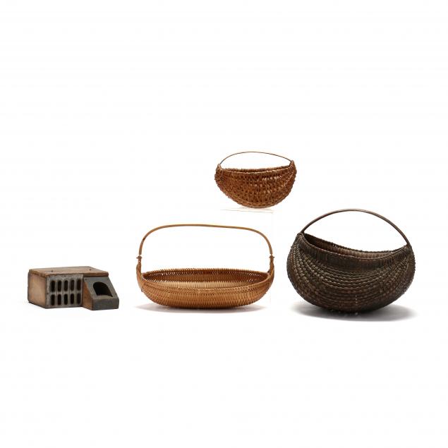 THREE HAND WOVEN BASKETS AND ANTIQUE