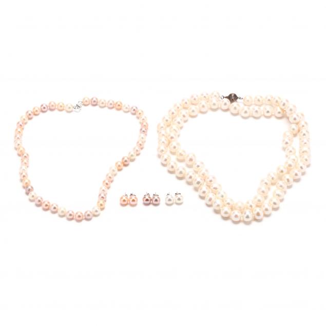 TWO PEARL NECKLACES AND THREE PAIRS