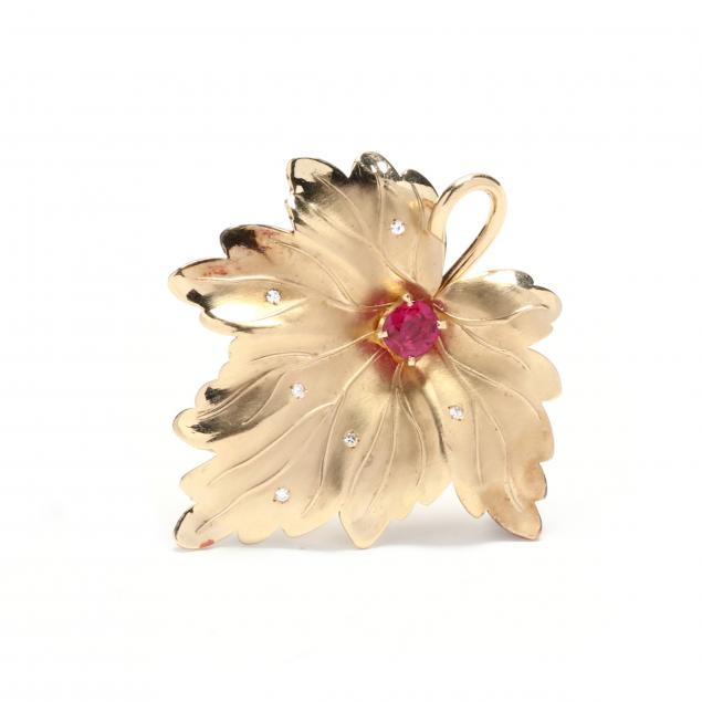 GOLD AND GEM-SET LEAF BROOCH, BICKSON