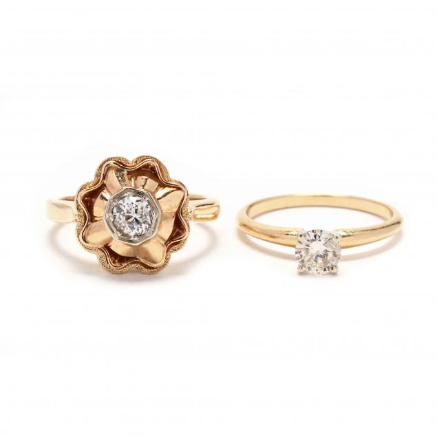 TWO YELLOW GOLD DIAMOND RINGS The