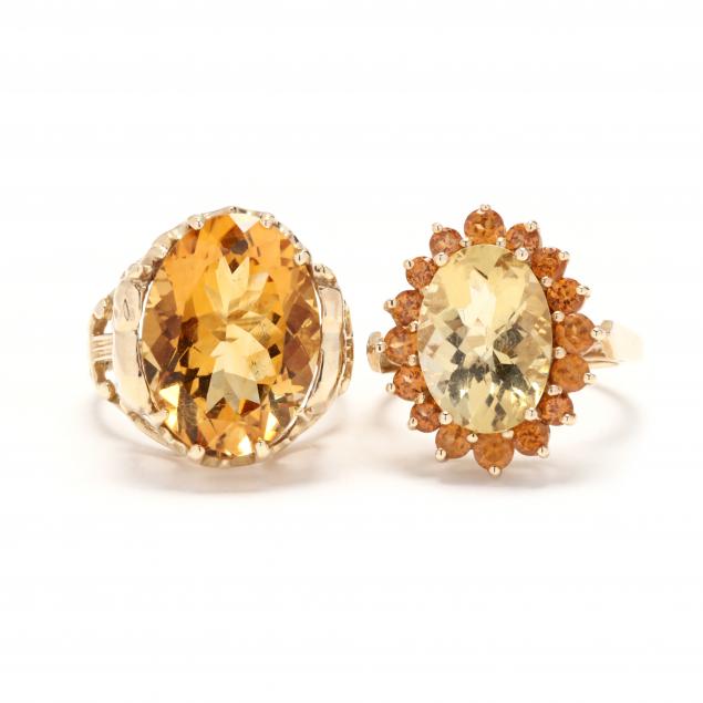 TWO GOLD AND CITRINE RINGS The