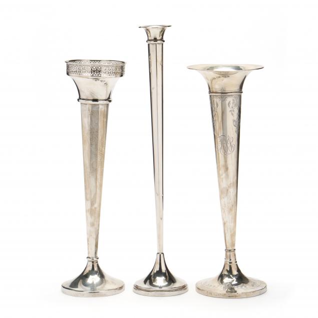 THREE STERLING SILVER FLORAL VASES 347afd