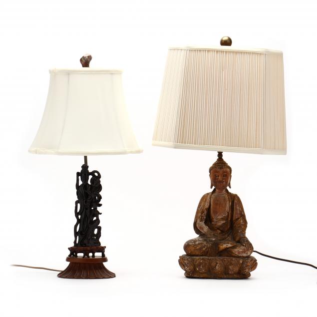 TWO ASIAN TABLE LAMPS One being a carved