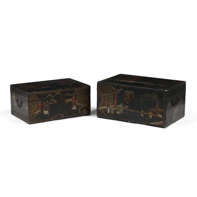 TWO CHINESE LACQUERED PIGSKIN TRUNKS