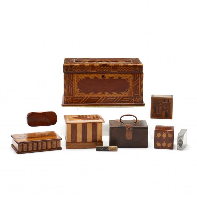 A GROUPING OF NINE ANTIQUE BOXES,
