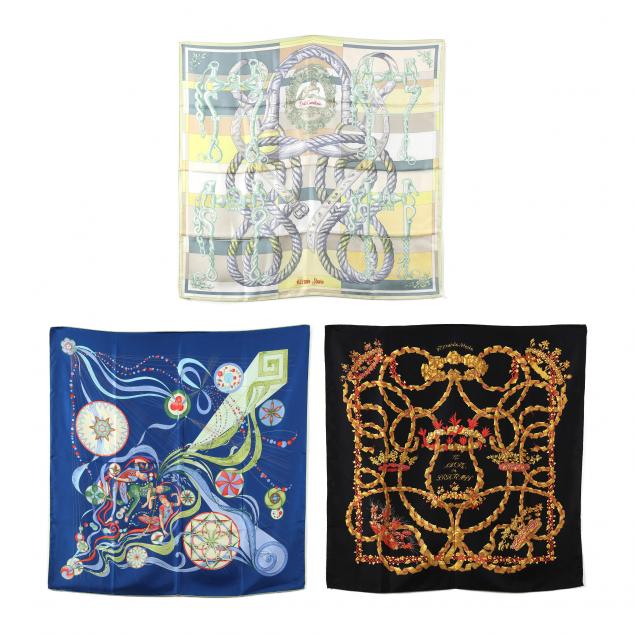 THREE HERMES SILK SCARVES Made in France,