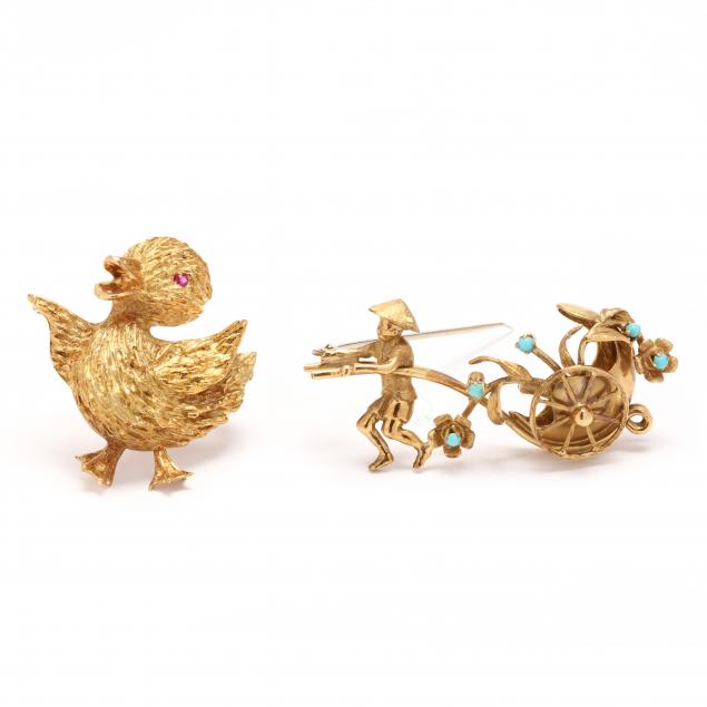 TWO GOLD AND GEM SET FIGURAL BROOCHES 3457b3