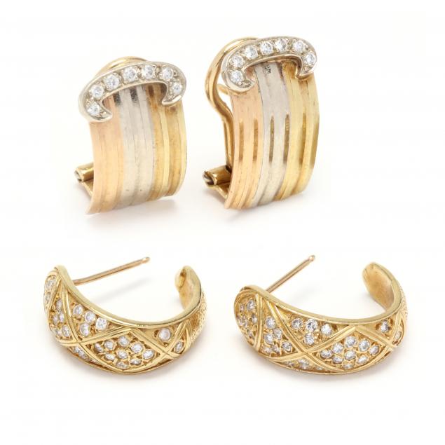 TWO PAIRS OF GOLD AND DIAMOND EARRINGS 3457e4
