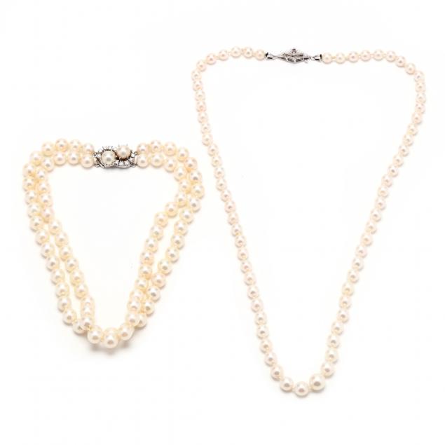 TWO GOLD AND GEM SET PEARL NECKLACES 3457fd