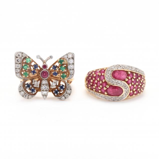 TWO GOLD AND GEM-SET RINGS To include: