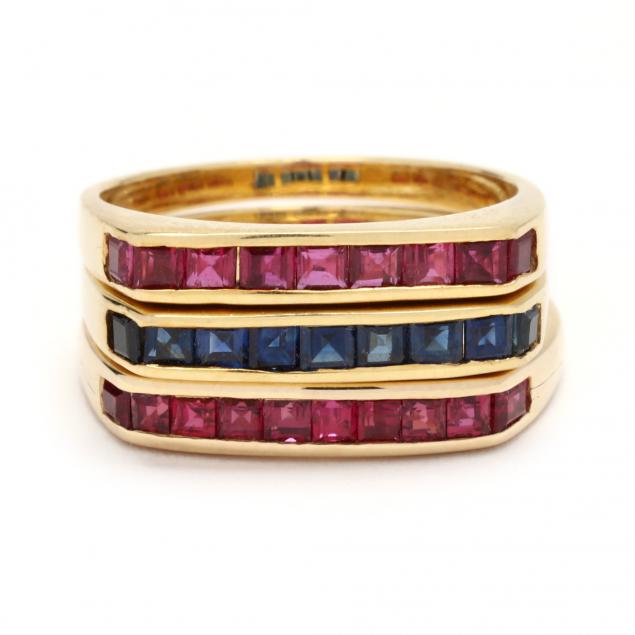 SET OF THREE GOLD AND GEM SET STACKING 34582e