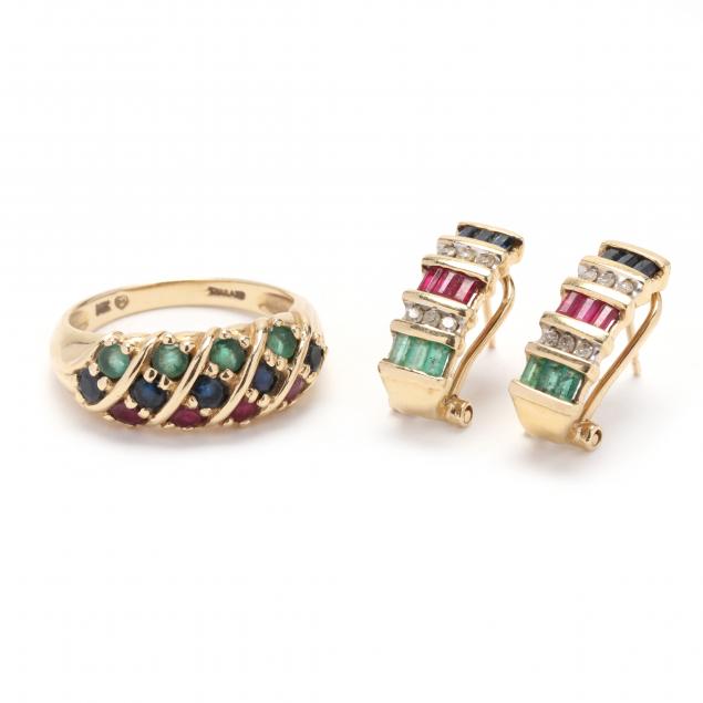 GOLD AND GEM SET RING AND EARRINGS 345830
