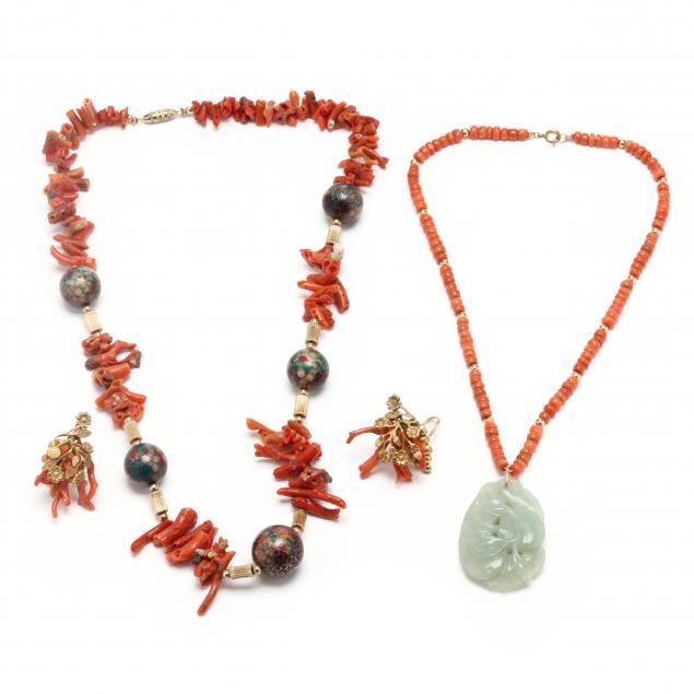 TWO CORAL NECKLACES AND A PAIR 345885