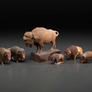 Six Canadian Folk Art Carved Bison
20th