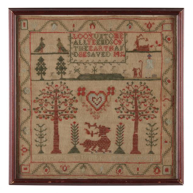 ANTIQUE PICTORIAL NEEDLEWORK SAMPLER,