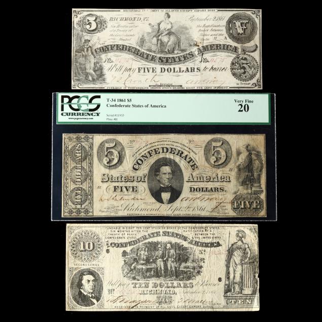 THREE 1861 DATED CONFEDERATE NOTES