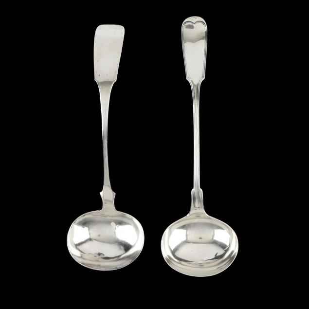 TWO VIRGINIA COIN SILVER SOUP LADLES,