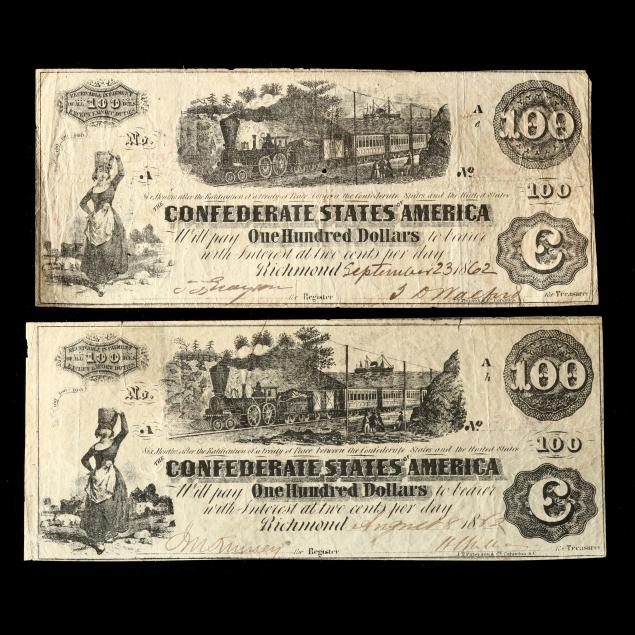 TWO $100 CONFEDERATE NOTES WITH