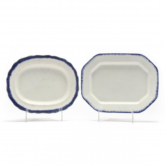 TWO ANTIQUE BLUE FEATHER EDGE PLATTERS