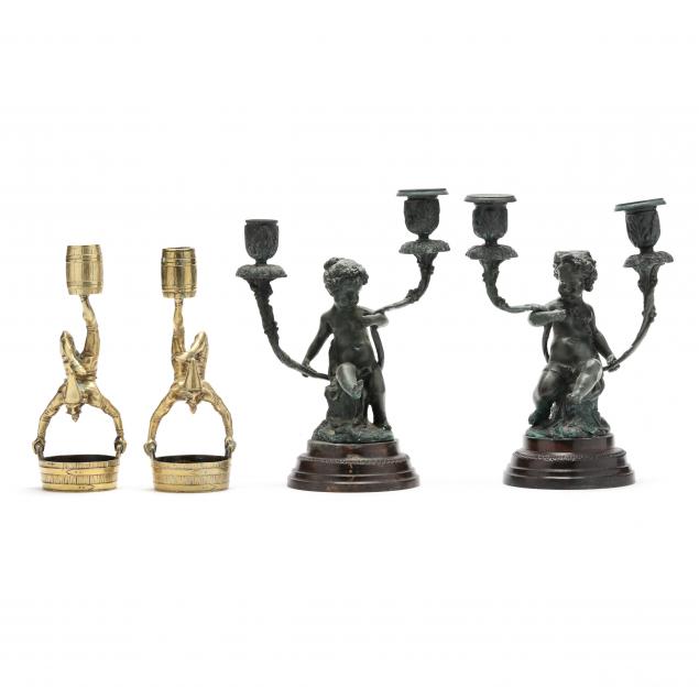 TWO PAIRS OF VINTAGE FIGURAL METAL CANDLESTICKS