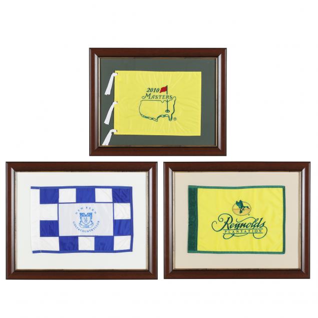 THREE FRAMED GOLF HOLE FLAGS The