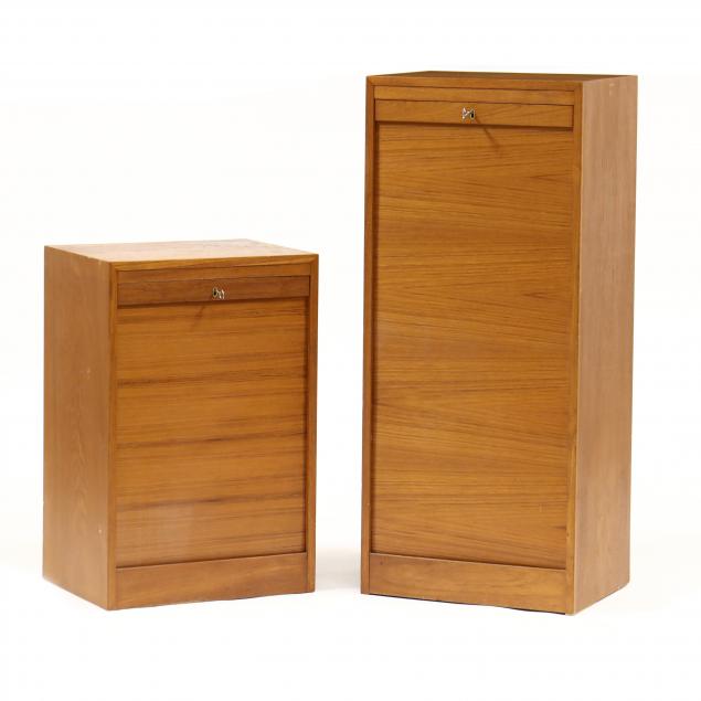 TWO TEAK TAMBOUR FILING CABINETS