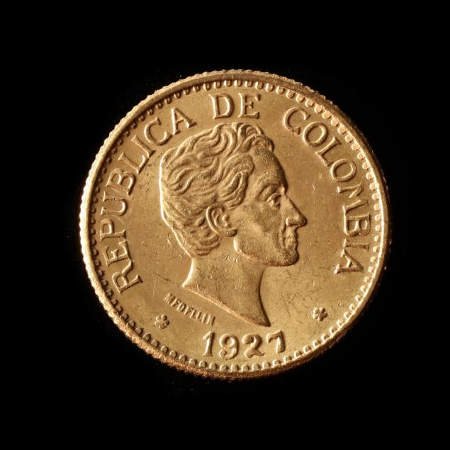 COLOMBIA, 1927 GOLD 5 PESOS  Uncirculated,