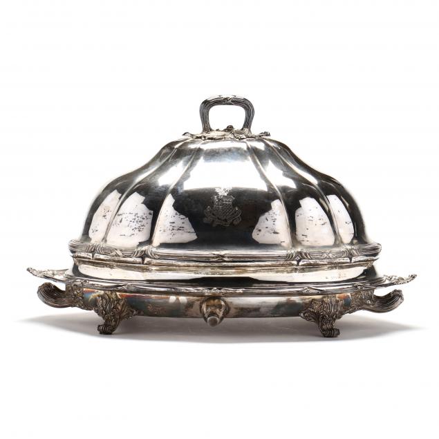 A LARGE SILVERPLATE ROAST DISH AND DOME