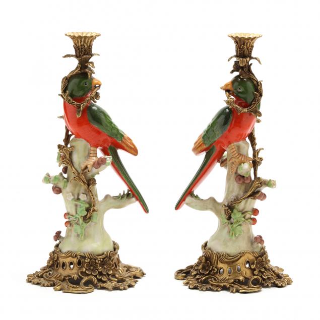 PAIR OF ORMOLU MOUNTED PARROT CANDLESTICKS 34909c