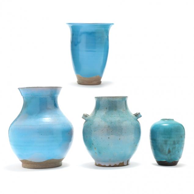 FOUR BLUE GLAZED POTS, BEN OWEN