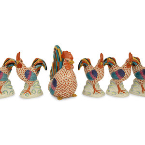 Six Herend Porcelain Rooster Figurines 20th 34919b