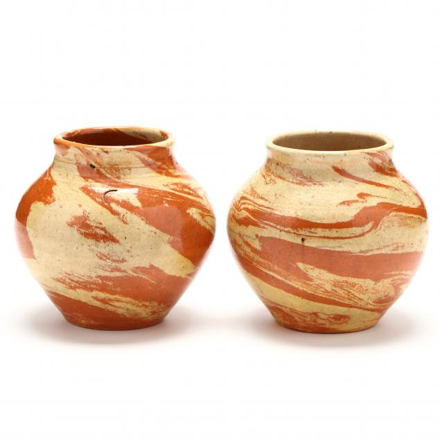 TWO SWIRL LOW VASES, ATTRIBUTED