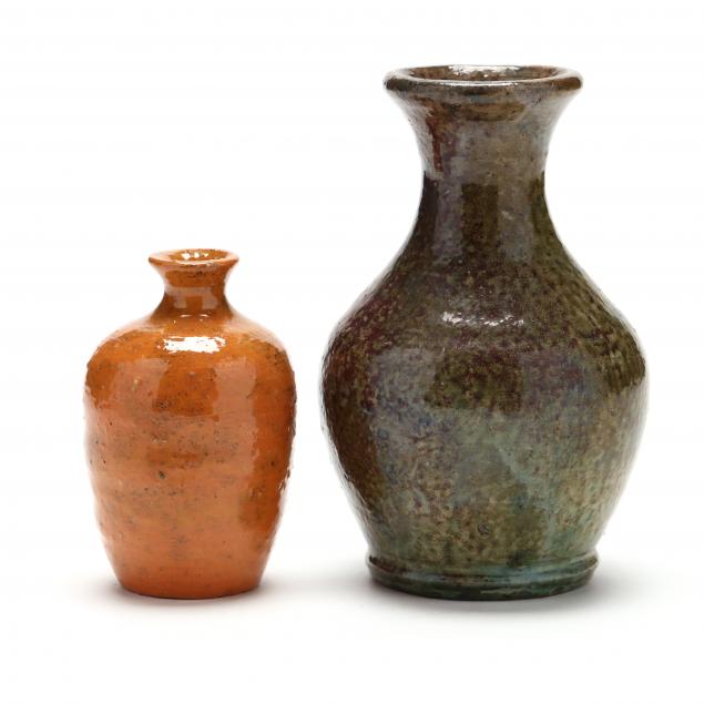 TWO LOG CABIN POTTERY BUD VASES