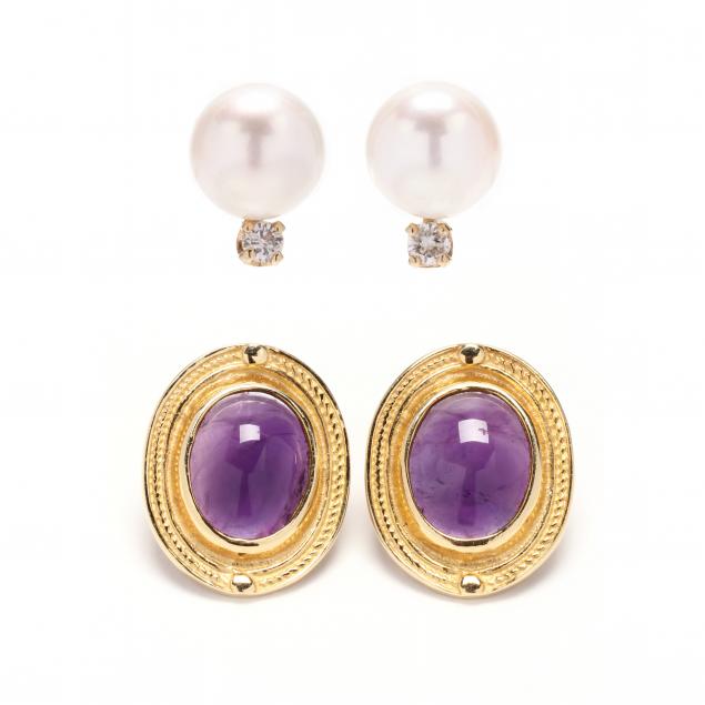 TWO PAIRS OF GOLD AND GEM-SET EARRINGS