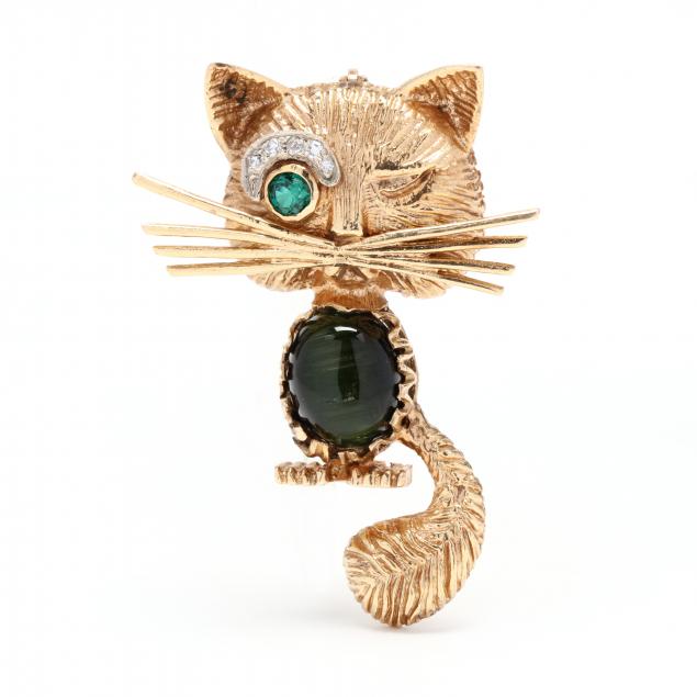 GOLD AND GEM SET WHIMSICAL CAT 3492a7