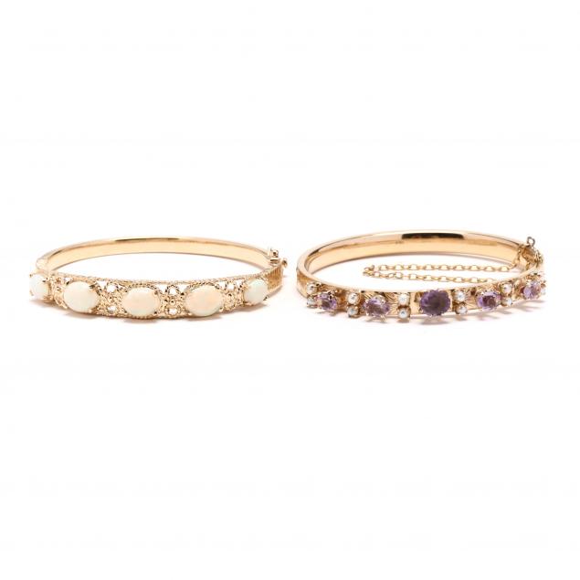 TWO GOLD AND GEM SET BANGLE BRACELETS 3492a8