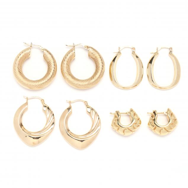 FOUR PAIRS OF GOLD HOOP EARRINGS 3492ab