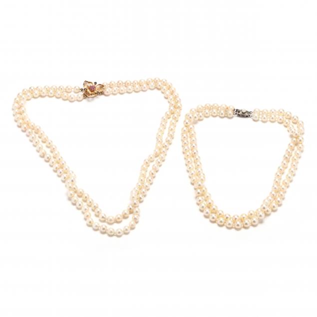 TWO DOUBLE STRAND PEARL NECKLACES 3492c6