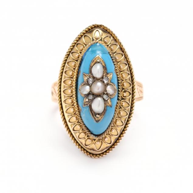 VINTAGE GOLD, ENAMEL, AND PEARL