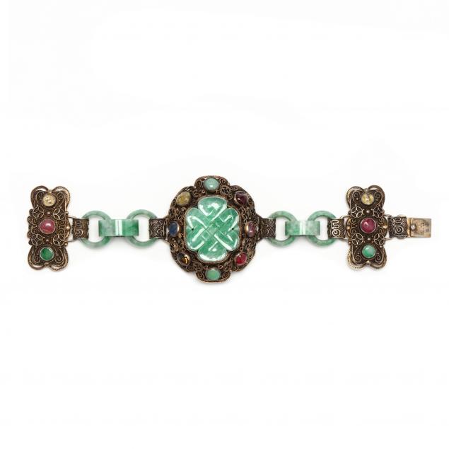 SILVER, JADEITE, AND GEM-SET BRACELET